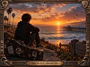 A solitary young man sits beside a weathered guitar case overlooking a glowing coastal sunset. Golden light washes across rolling waves, a distant pier, palms, and soaring birds. Warm oranges contrast with deep shadows, creating a reflective, bittersweet mood. An ornate guitar-inspired frame reinforces the cinematic painted composition.