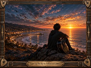 A lone figure sits on a rugged coastal overlook beside a guitar, watching a brilliant orange sunset illuminate the ocean and seaside town below. Dramatic clouds, glowing reflections, and distant lights create a reflective, hopeful mood. A weathered guitar-themed wooden frame with metal fittings surrounds the cinematic, richly detailed scene.