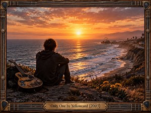 A solitary figure sits above a sweeping coastline at sunset, accompanied by a weathered acoustic guitar. Golden light shimmers across rolling waves beneath dramatic orange clouds, creating a reflective, bittersweet mood. Detailed photographic realism, distant pier lights, wildflowers, and an ornate guitar-string frame reinforce the nostalgic rock atmosphere.