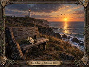 A weathered bench and instrument case overlook a rugged ocean cliff at sunset, framed by glowing clouds, crashing waves, and a distant lighthouse. White lilies suggest remembrance and loss, while warm amber light contrasts with brooding blue-gray skies. An ornate guitar-inspired frame reinforces the reflective, elegiac digital artwork.