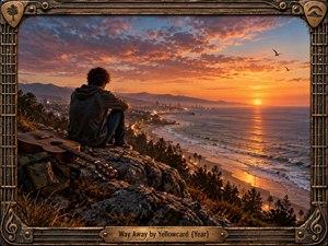 A solitary young man sits on a rocky coastal overlook at sunset, gazing toward a glowing shoreline and distant city. Warm orange light reflects across the ocean beneath dramatic clouds. A guitar and backpack suggest departure and independence, while the detailed metal-and-string frame reinforces the cinematic, nostalgic rock atmosphere.