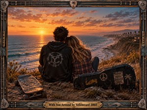 A young couple sits close together on a rugged coastal bluff, watching a brilliant orange sunset illuminate rolling waves and a distant palm-lined shoreline. Warm golden light creates a nostalgic, intimate mood. A weathered skateboard and guitar case add youthful character, while the detailed metal-and-string frame reinforces the music theme.