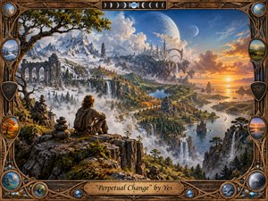 A solitary traveler overlooks a vast changing world of snow-capped mountains, ancient ruins, forests, waterfalls, floating cities, and winding rivers beneath enormous moons. Warm sunset light transforms cool blues into gold and amber, creating a majestic, contemplative mood. Highly detailed fantasy painting, ornate steampunk frame, textured realism, and layered symbolism evoke perpetual transformation and wonder.