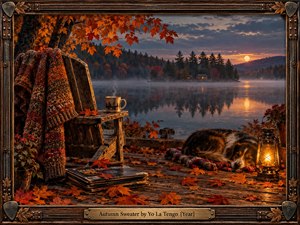 A cozy autumn lakeside scene glows beneath a dusky sky, with a weathered chair draped in a thick sweater beside steaming coffee, scattered records, fallen leaves, a sleeping dog, and lantern light. Rich orange foliage, misty water, distant cabins, and rustic framing create a warm, nostalgic photographic atmosphere.