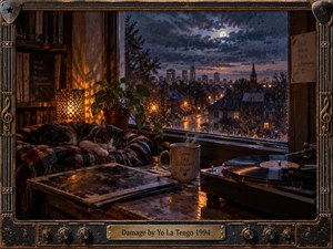 A sleeping cat rests beside a glowing lamp, leafy plant, coffee mug, records, and spinning turntable in a warmly lit room overlooking a rain-soaked city at night. Amber reflections contrast with deep blue clouds and moonlight, creating a nostalgic, intimate mood framed by weathered musical hardware and guitar strings.