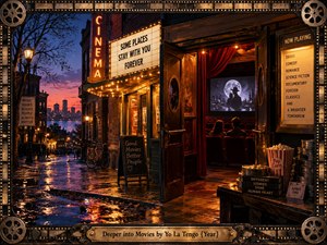 A warmly lit neighborhood cinema opens onto a rain-slicked street at twilight, blending nostalgia, intimacy, and quiet wonder. Amber marquee lights contrast with deep blue skies and reflective pavement. Film reels, posters, red curtains, two seated viewers, and a moonlit screen create a richly detailed cinematic atmosphere.