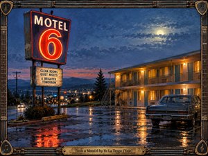 A rain-soaked roadside motel glows beneath a moonlit blue sky, balancing loneliness with quiet warmth. Red neon reflects across wet pavement while amber room lights contrast distant city lights and shadowed mountains. A vintage car, weathered sign, and guitar-string frame reinforce the nostalgic, cinematic painted atmosphere.