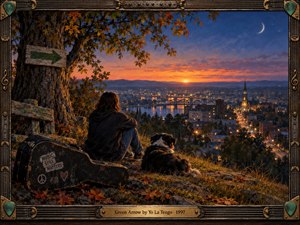 A solitary figure and dog overlook a glowing riverside city at autumn dusk, framed by a weathered tree, guitar case, and green arrow sign. Warm orange sunset light meets deep blue evening skies, creating a reflective, nostalgic mood. Intricate guitar-string metalwork and green picks form the ornate musical frame.