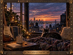 A cat rests beside a rain-speckled loft window overlooking a glowing city and distant bridge at sunset. Warm string lights, a weathered guitar, records, notebook, steaming mug, plants, and rumpled blankets create an intimate refuge. Rich amber and blue tones blend cinematic realism with wistful, contemplative atmosphere.