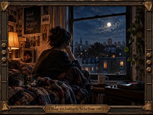 A solitary woman sits beside a moonlit city window, wrapped in dark textured fabric as a cat sleeps nearby. Warm amber lamplight contrasts with the cool blue skyline, creating a reflective, intimate mood. Records, a turntable, photographs, plants, and an ornate guitar-inspired frame enrich the cinematic, nostalgic composition.