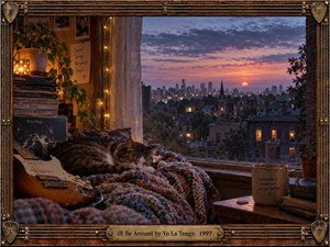A cozy bedroom nook overlooks a dusky city skyline, glowing with warm amber lights beneath a violet sunset. A sleeping cat rests on a textured blanket beside an electric guitar, records, books, plants, and keepsakes. The cinematic photographic style creates a tender, nostalgic atmosphere of patience, companionship, and quiet reassurance.