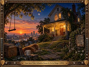 A weathered hillside house glows warmly above a twilight city, surrounded by ivy, flowers, records, a bicycle, guitar case, and resting dog. Deep blue skies meet fiery orange sunset light, creating nostalgic warmth and quiet resilience. An elaborate guitar-inspired wooden frame and engraved brass title plate complete the detailed cinematic artwork.