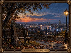 A weathered bench and guitar case overlook a glowing riverside city at twilight beneath an old tree and crescent moon. Autumn leaves, wet stone, and a warm streetlamp create a reflective, wistful mood. Rich blues, amber lights, and painterly textures evoke distance, solitude, memory, and quiet longing.