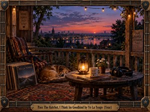 A warmly lit wooden porch overlooks a river city beneath a vivid orange and violet sunset. A sleeping dog, lantern, steaming mug, headphones, records, flowers, and patterned rug create an intimate, reflective mood. Rustic textures, glowing lights, and the music-inspired frame give the cinematic scene nostalgic depth.