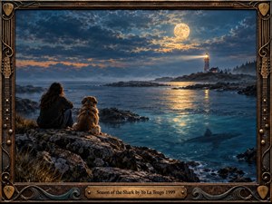 A solitary figure and dog sit on rugged coastal rocks beneath a glowing moon, watching a lighthouse cast warm light across dark blue water. A shadowy shark glides below the surface, adding quiet tension. The cinematic scene blends mist, dramatic clouds, reflective waves, and an ornate guitar-inspired wooden frame.