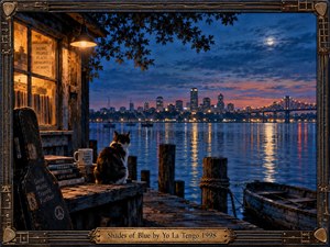 A tranquil blue-hour waterfront glows beneath a clouded moon, with city lights and a bridge reflecting across rippling water. A cat watches from a weathered dock beside records, a mug, and guitar case. Warm window light contrasts with deep blues, creating a nostalgic, intimate, painterly atmosphere.