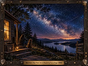 A solitary figure and dog sit beside a warmly lit cabin overlooking a quiet mountain lake beneath a spectacular star-filled sky. Deep blues, violet dusk, and golden lamplight create a reflective, dreamlike mood. Painterly detail, distant lights, pine silhouettes, rustic fencing, and an ornate musical frame enrich the scene.