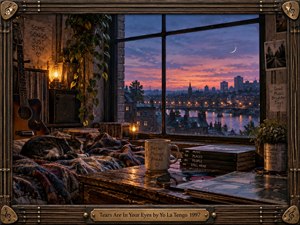 A warmly lit loft overlooks a violet-blue city at dusk, where a crescent moon hangs above a reflective river. A sleeping cat, acoustic guitar, records, books, plants, and glowing lamps create an intimate, wistful refuge. Weathered wood and guitar-string framing reinforce the nostalgic, handcrafted cinematic atmosphere.