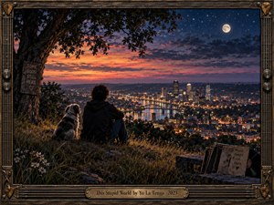 A solitary figure and shaggy dog overlook a glowing riverside city from a wild hillside beneath a starry moonlit sky. Fiery sunset colors fade into deep blue clouds, creating reflective melancholy. A weathered tree, flowers, records, handwritten signs, and an ornate guitar-inspired wooden frame add intimate musical symbolism.