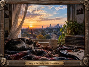 Warm sunrise pours through an open window above a sprawling city, illuminating a sleeping cat, patterned blankets, steaming mug, leafy plant, stacked records, and electric guitar. Rich amber and blue tones create a peaceful, nostalgic atmosphere, while the weathered musical frame and brass title plate give the cinematic scene handcrafted character.