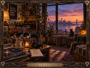 A warmly lit music room overlooks a glowing city skyline and bridge at sunset. Rich amber lamps, deep blue shadows, patterned textiles, records, plants, and an acoustic guitar create nostalgic intimacy. A resting dog and watchful cat deepen the peaceful mood, while the ornate instrument-inspired frame completes the painterly scene.