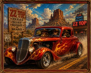 A flame-painted red hot rod tears along a dusty desert highway beneath towering mesas and a brilliant blue sky. Three long-bearded musicians in cowboy hats and sunglasses ride toward a glowing Texas blues bar, surrounded by Route 66 signs, swirling dust, and rich sunset light within an ornate golden frame.