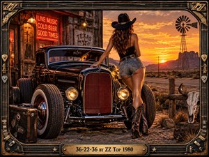 A sultry Texas roadhouse scene glows beneath a fiery desert sunset, centered on a polished black hot rod and a confident cowgirl. Warm neon, weathered timber, dusty earth, distant mesas, and a windmill create gritty vintage atmosphere. An ornate guitar-string frame reinforces the handcrafted blues-rock character.