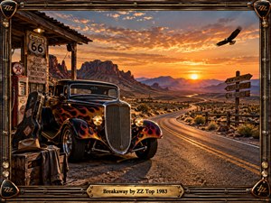 A flame-painted vintage hot rod waits beside a weathered Route 66 outpost as a winding highway disappears toward glowing desert mountains. Fiery orange sunset light, rugged textures, an eagle, guitar case, old gas pump, and directional signs create a cinematic, handcrafted vision of restless freedom, departure, and open-road possibility.