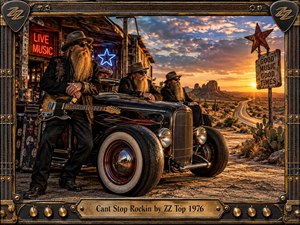 A gritty desert roadhouse glows beneath a fiery sunset as bearded rockers gather around a weathered black hot rod with guitars and vintage gear. Neon signs, distant mesas, winding highway, and cactus-strewn terrain create a restless blues-rock atmosphere, framed by distressed metal, guitar strings, knobs, and brass details.