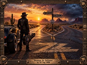 A lone bearded traveler stands beside a black hot rod at a desert highway fork, facing weathered signs for decision and collision. Fiery sunset light contrasts with approaching storm clouds, creating tense cinematic drama. Rugged asphalt, distant mesas, Route 66 details, and a guitar-string metal frame evoke handcrafted Southwestern rock imagery.
