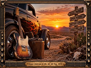 A weathered electric guitar, black hot rod, cowboy hat, and vintage case rest beside a winding desert highway at sunset. Fiery orange light washes across rugged Texas scenery, cactus, wooden signs, and a horned skull. An ornate guitar-inspired metal frame reinforces the gritty, celebratory classic rock atmosphere.