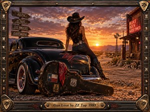 A lone cowgirl rests against a glossy black hot rod beside a dusty desert roadhouse at sunset, surrounded by warm amber light, rugged mountains, a windmill, and weathered roadside signs. Rich painterly realism, metallic reflections, worn guitar case details, and an ornate music-inspired frame create a rebellious Southwestern mood.