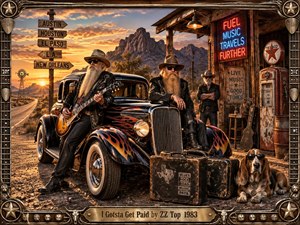 A rugged desert roadside scene glows beneath a fiery sunset, featuring ZZ Top styled musicians gathered around a flame-painted hot rod beside a weathered music stop. Warm amber light, neon signs, dusty textures, vintage luggage, and a relaxed hound create a gritty, cinematic blend of blues-rock swagger, travel, and Americana.