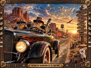 A black flame-painted hot rod races along a desert highway beneath a glowing sunset, carrying two bearded musicians through rugged red-rock country. Warm amber light, chrome reflections, weathered roadside details, and a luminous map evoke swaggering American road culture, framed by ornate guitar hardware in a richly cinematic style.