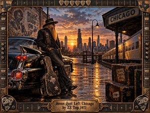 A bearded blues traveler rests against a black vintage car at a rain-slicked Chicago station as a silver train waits beneath a fiery sunset. Warm amber reflections, dark industrial architecture, weathered luggage, and guitar imagery create a gritty, soulful atmosphere, framed by ornate bronze hardware, strings, picks, and amplifier details.