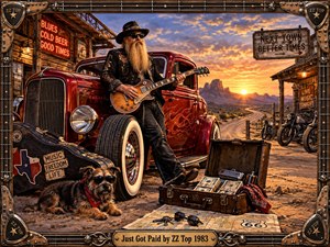A bearded guitarist leans against a flame-painted hot rod in a dusty desert town at sunset, surrounded by motorcycles, luggage, money, and a sunglass-wearing dog. Warm amber light, weathered wood, glowing neon, and rugged metal details create a lively, confident blues-rock atmosphere within an ornate guitar-string frame.