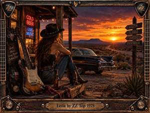 A lone woman in a cowboy hat rests beside a weathered guitar outside a desert roadhouse, watching a fiery sunset stretch across an open highway. Warm amber light, neon signs, a vintage black car, rugged wood, and metal details create a nostalgic, cinematic Texas rock atmosphere framed with handcrafted musical ornamentation.