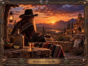 A bearded cowboy rests with his guitar above a rugged desert valley glowing beneath a fiery sunset. Cacti, adobe architecture, distant mountains, and warm lantern light create a dusty Southwestern atmosphere. Rustic bottles, lime, woven textiles, and a weathered skull enrich the cinematic scene within an ornate guitar-inspired frame.