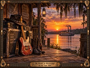 A weathered riverside dock glows beneath a fiery Mississippi sunset, framed by mossy trees, rustic timber, and guitar-inspired metalwork. A battered electric guitar, cowboy hat, boots, lantern, and road cases evoke gritty blues-rock nostalgia, while a paddlewheel steamboat crosses shimmering water, creating a warm, cinematic Southern atmosphere.