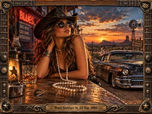 A confident woman in a cowboy hat and sunglasses lounges at a weathered Texas bar, draped in luminous pearls beside whiskey and a vintage car. Fiery sunset light washes the desert landscape in amber and rust, while neon, guitar hardware, distressed metal, and intricate framing create a gritty blues-rock atmosphere.
