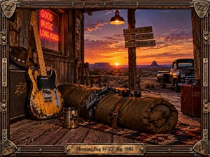 A weathered desert porch overlooks a glowing Texas sunset, where a rolled sleeping bag, battered guitar, sunglasses, and travel gear suggest restless freedom and open-road adventure. Warm amber light, rugged wood, aged metal, neon accents, and distant mesas create a richly textured, cinematic rock-and-roll atmosphere framed by handcrafted musical hardware.