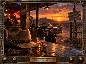 A weathered desert roadhouse overlooks a glowing highway at sunset, framed by rugged guitar hardware and aged metal. A battered cowboy hat, whiskey glass, keys, and leather jacket fill the foreground beside a vintage car. Fiery orange light, deep shadows, neon warmth, and tactile textures create a restless blues-rock atmosphere.