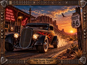 A flame-painted black hot rod dominates a dusty desert highway at sunset, passing a rustic neon-lit blues bar beneath glowing mesas and dramatic clouds. Warm amber light, deep shadows, chrome reflections, guitars, Route 66 details, and a rugged handcrafted instrument-inspired frame create a swaggering, energetic vintage rock atmosphere.