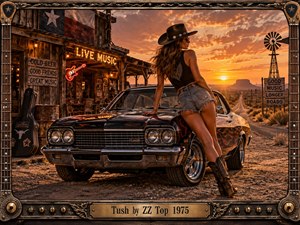 A confident woman in western attire leans against a flame-painted vintage car outside a weathered Texas roadhouse at sunset. Fiery amber light, desert highways, neon signs, a windmill, and rugged guitar-inspired framing create a swaggering, blues-rock atmosphere with cinematic realism, rich textures, and dusty roadside energy.