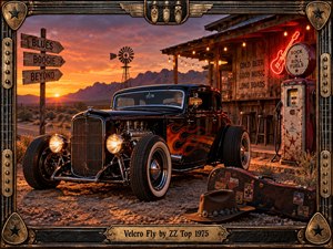 A gleaming black hot rod rests outside a weathered desert roadhouse at sunset, surrounded by neon guitar light, an antique fuel pump, dusty signs, and distant mountains. Warm orange and crimson tones contrast with polished chrome and deep shadows, creating a cinematic, handcrafted vision of swagger, motion, and eccentric rock energy.
