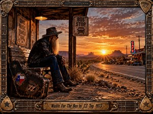 A bearded traveler waits beneath a weathered desert bus shelter as a glowing sunset stretches across a winding highway and distant mesas. Warm amber light, dusty earth tones, vintage roadside signs, a guitar case, and neon cafe create a rugged 1970s blues-rock atmosphere, framed by ornate guitar-inspired metalwork.