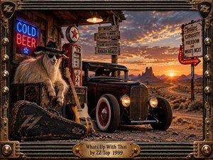 A rugged desert roadside glows beneath a fiery sunset, centered on a black vintage hot rod beside a weathered filling station. A shaggy sunglass-wearing goat, guitar, neon signs, and winding highway create playful mystery. Rich amber light, distressed metal, leather textures, and cinematic realism evoke eccentric blues-rock Americana.